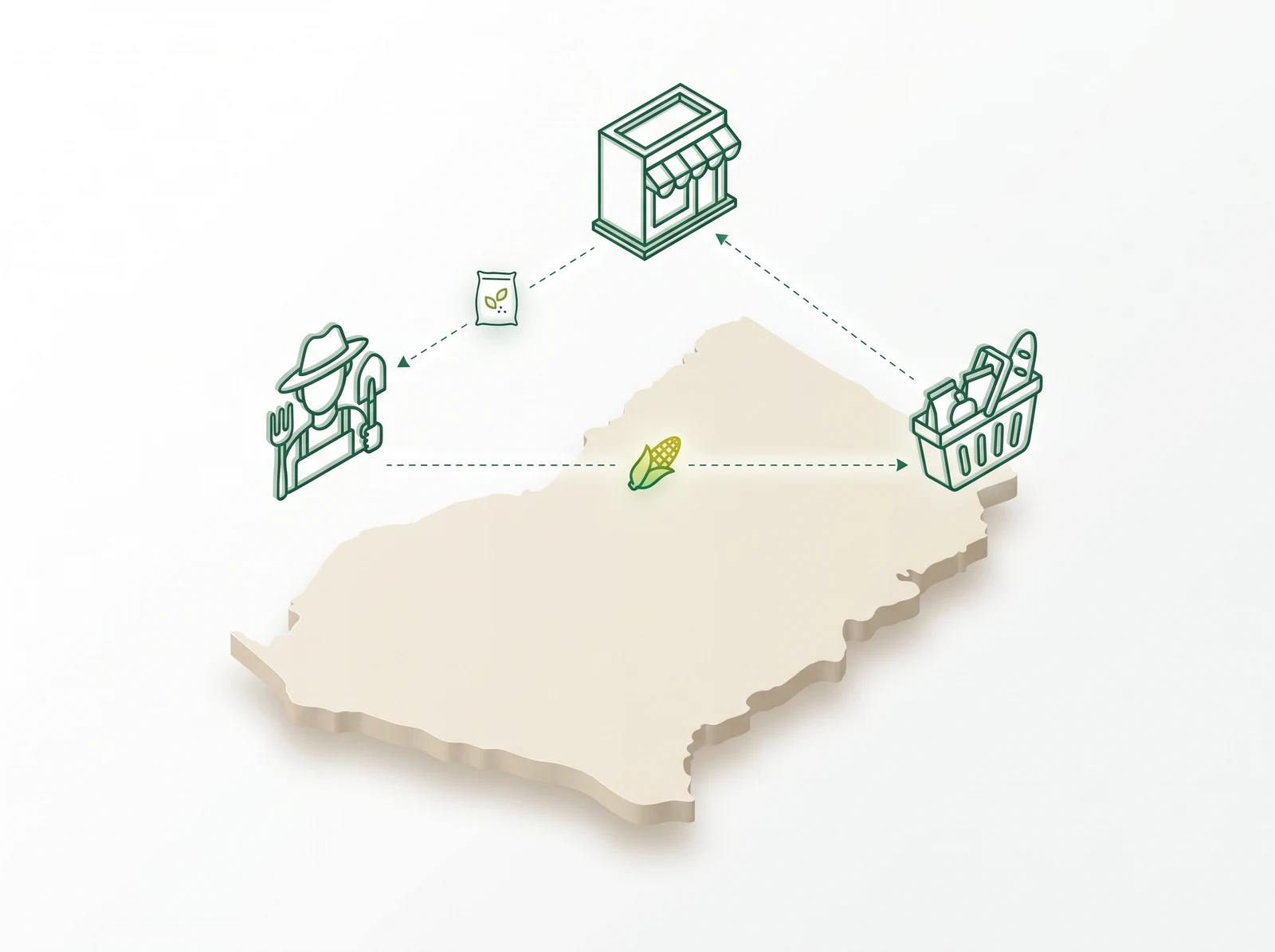Illustrative clay map of Ghana with agricultural produce and connection markers